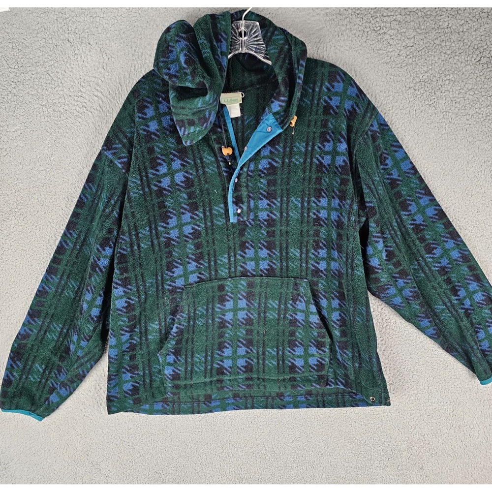 L.L. Bean Fleece Pullover Womens L Green Geometric Hooded Quarter Snap Vintage